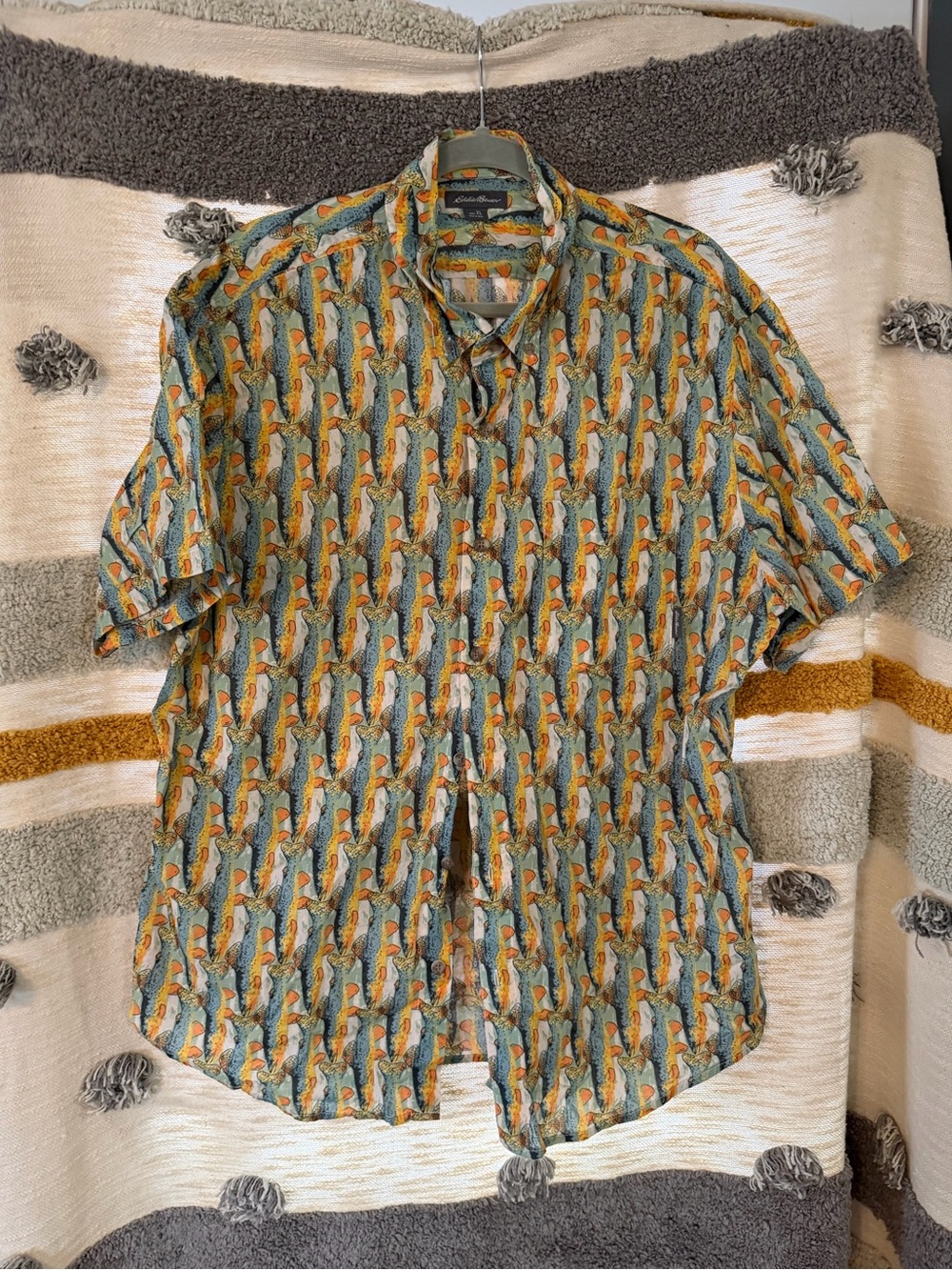 Eddie Bauer Baja Shirt Men XL- Fish All Over Print Classic Fit Short Sleeve BD